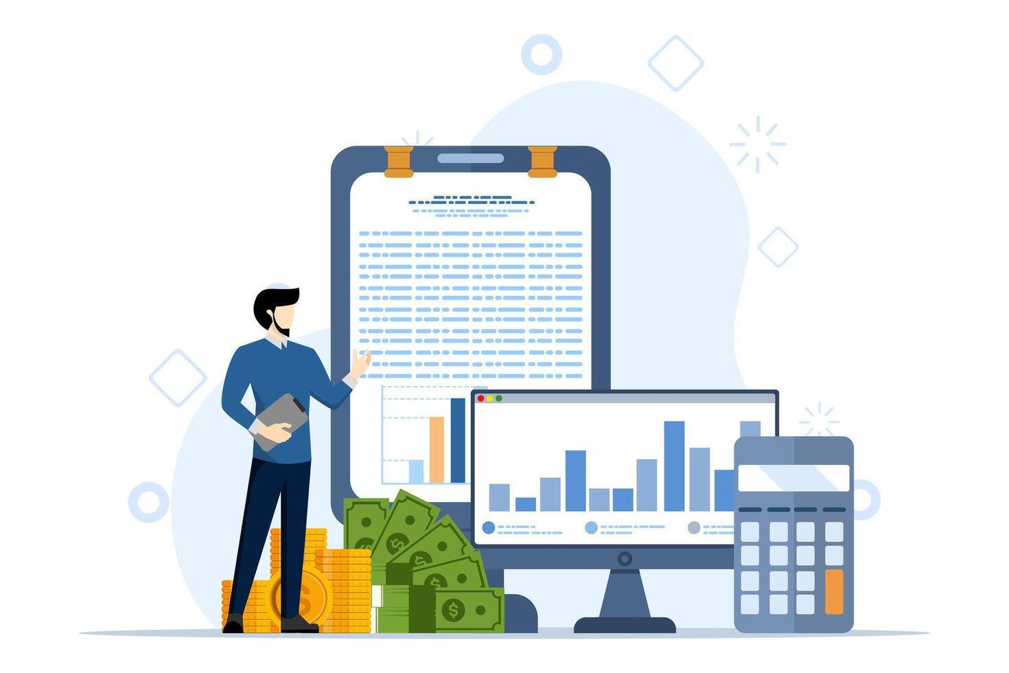 Konzept von Geschäft Analyse, Berechnungen oder Forschung zum Markt Wachstum, finanziell Berichte, Investition Daten oder Der Umsatz Information, Geschäft Management, Graph Analyse und oben und Nieder Diagramme. vektor