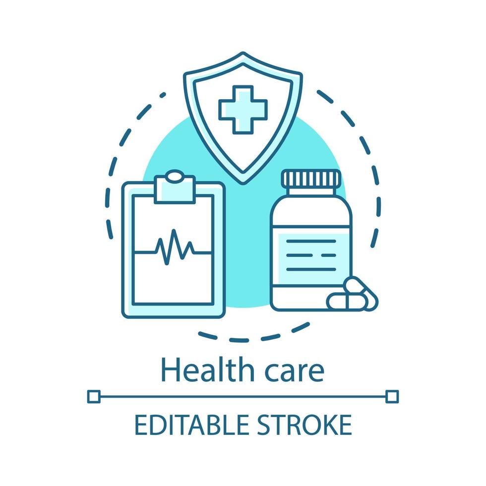 Symbol für das Gesundheitskonzept. Gesundheitswesen, Medizin. therapeutische Leistungen. Krankenversicherung, Untersuchung, Behandlungsidee dünne Linie Illustration. Vektor isolierte Umrisszeichnung. bearbeitbarer Strich