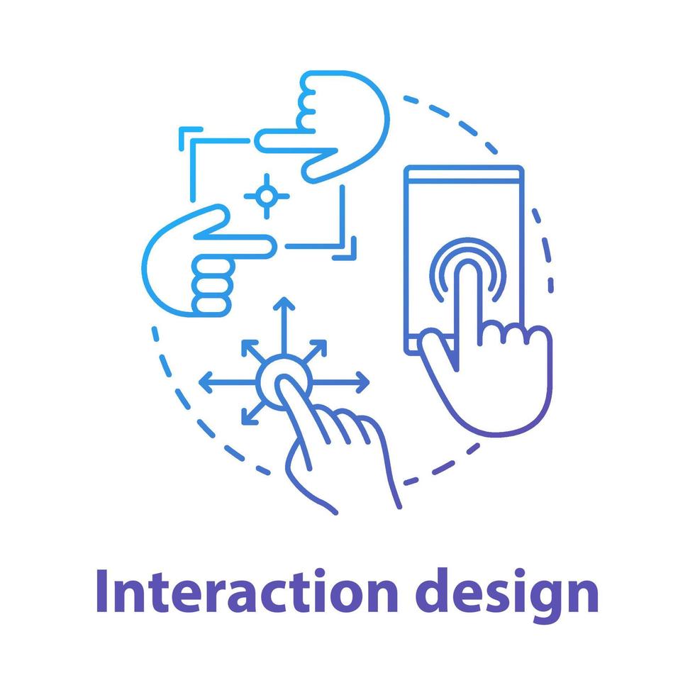 Symbol für das Konzept des Interaktionsdesigns. Software für mobile Geräte kreative Schnittstellenentwicklung Idee dünne Linie Illustration. App-Grafiken für eine bessere Benutzererfahrung. Vektor isolierte Umrisszeichnung