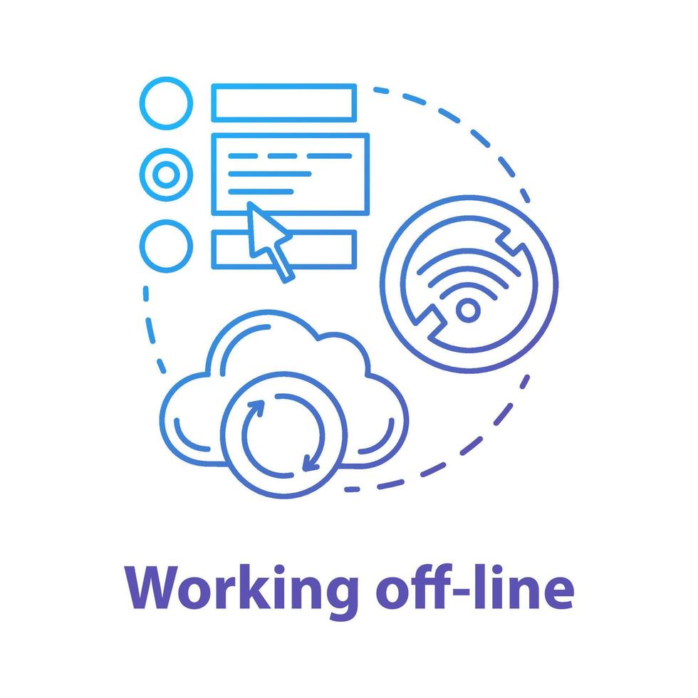 Symbol für das Offline-Konzept. Softwareentwicklungstools Idee dünne Linie Illustration. fehlgeschlagene Synchronisierung, unplugag. kein Signal. WLAN-Verbindungsfehler. Vektor isolierte Umrisszeichnung