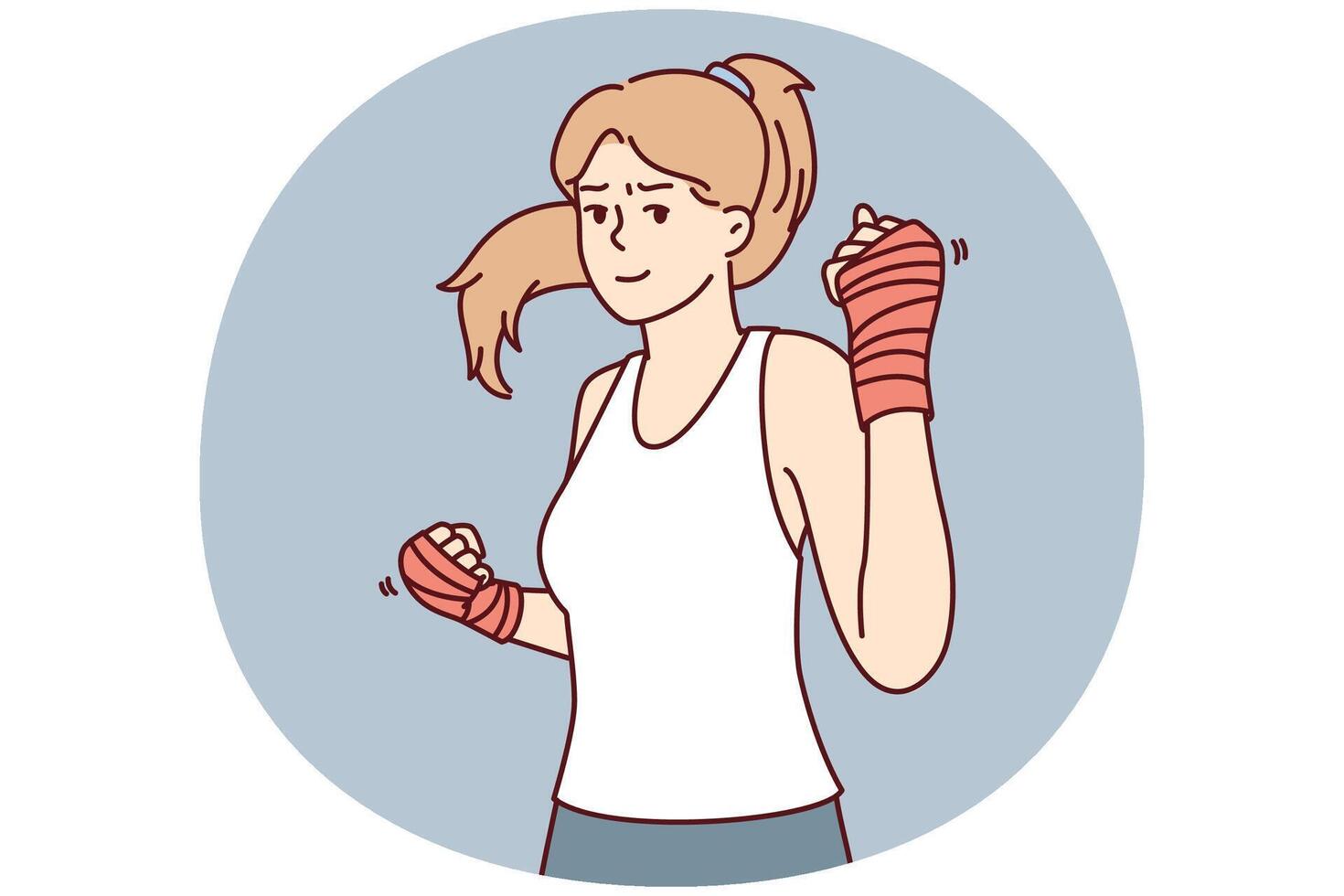 stark kvinna med boxning bandage på händer inbjudande till bekämpa eller spela sporter. vektor bild