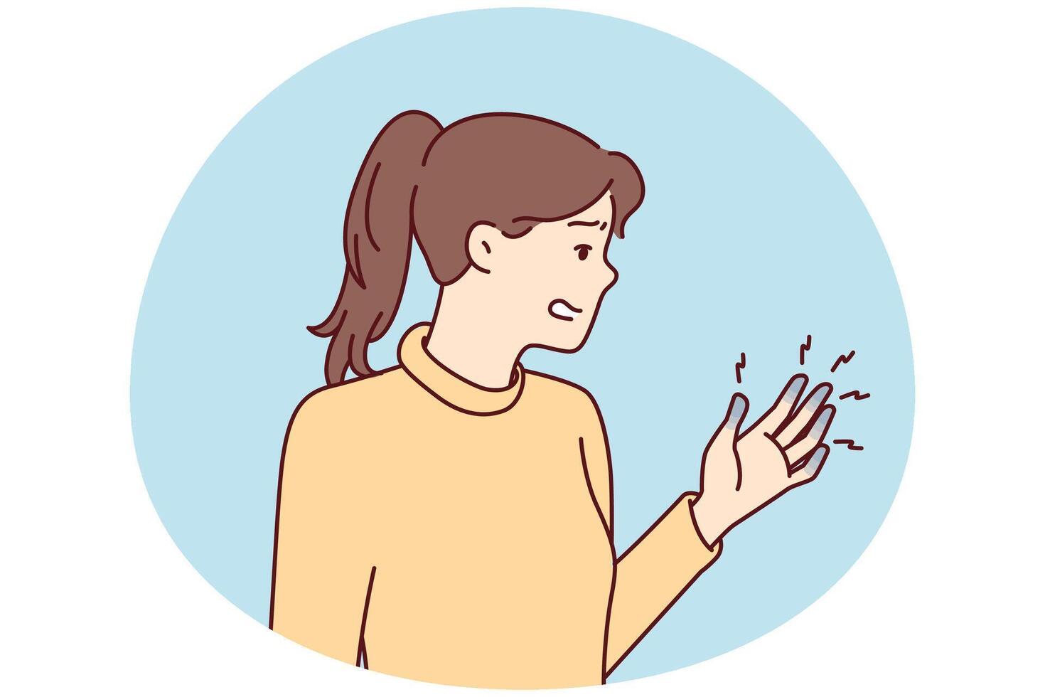 Frau erleben mit Blau Finger nach Verletzung oder chronisch Krankheit gequält durch Schmerz. Vektor Bild