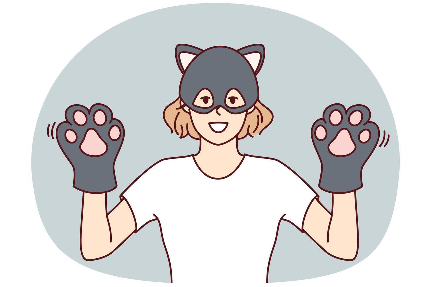 rolig kvinna i kattunge mask demonstrerar händer med handskar i form av pott tassar. vektor bild