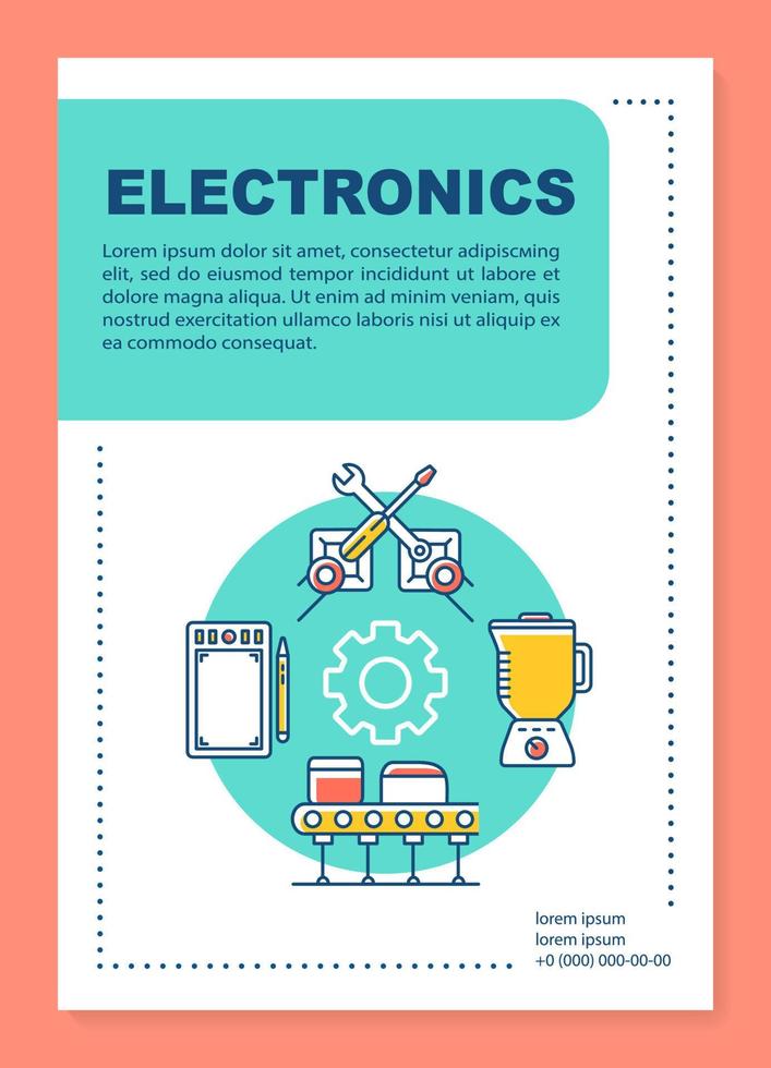 Layout der Postervorlage für die Elektronikindustrie. Gerät, Technologie-Produktion. Banner, Broschüre, Broschürendruckdesign mit linearen Symbolen. Vektorbroschürenseitenlayouts für Zeitschriften, Werbeflyer vektor