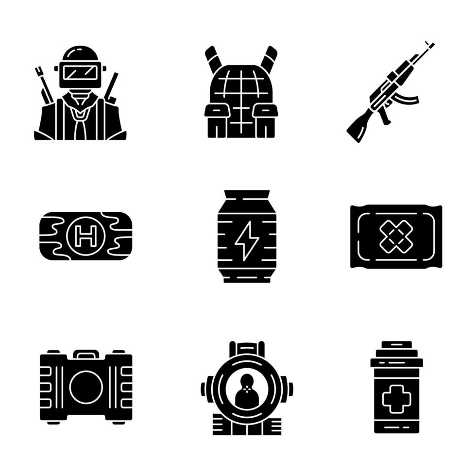 Glyphensymbole für das Online-Spielinventar festgelegt. E-Sport, Cybersport. Soldat, Körperschutz, Waffe. Erste-Hilfe-Set, Energy-Drink, Verband, Schmerzmittel, Ziel. Silhouette-Symbole. isolierte Vektorgrafik vektor