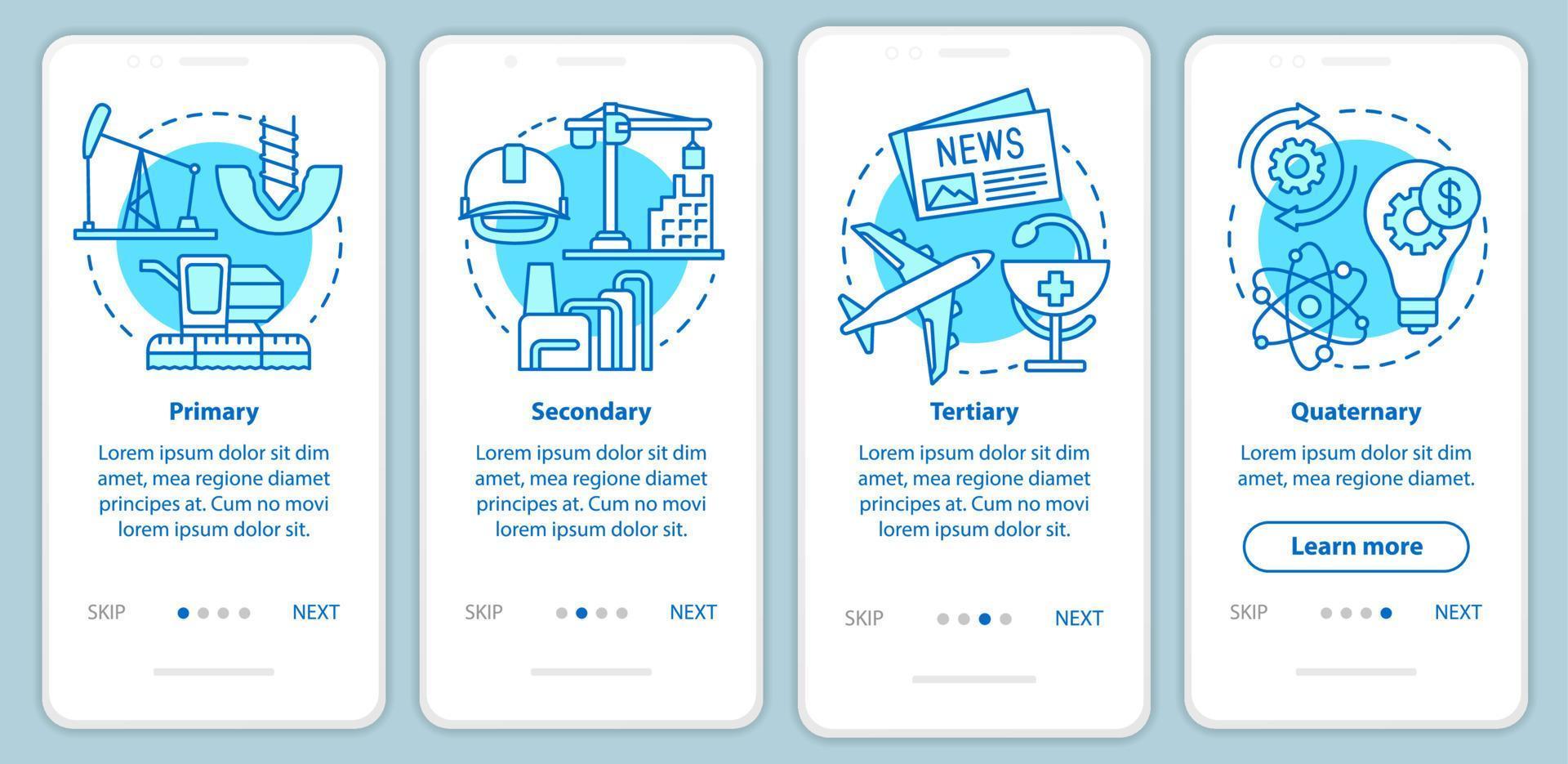 Herstellungsprozess blauer Onboarding-Seitenbildschirm für mobile Apps mit linearen Konzepten. primäre, sekundäre, tertiäre, quaternäre Walkthrough-Schritte grafische Anweisungen. ux, GUI-Vektorvorlage mit Symbolen vektor