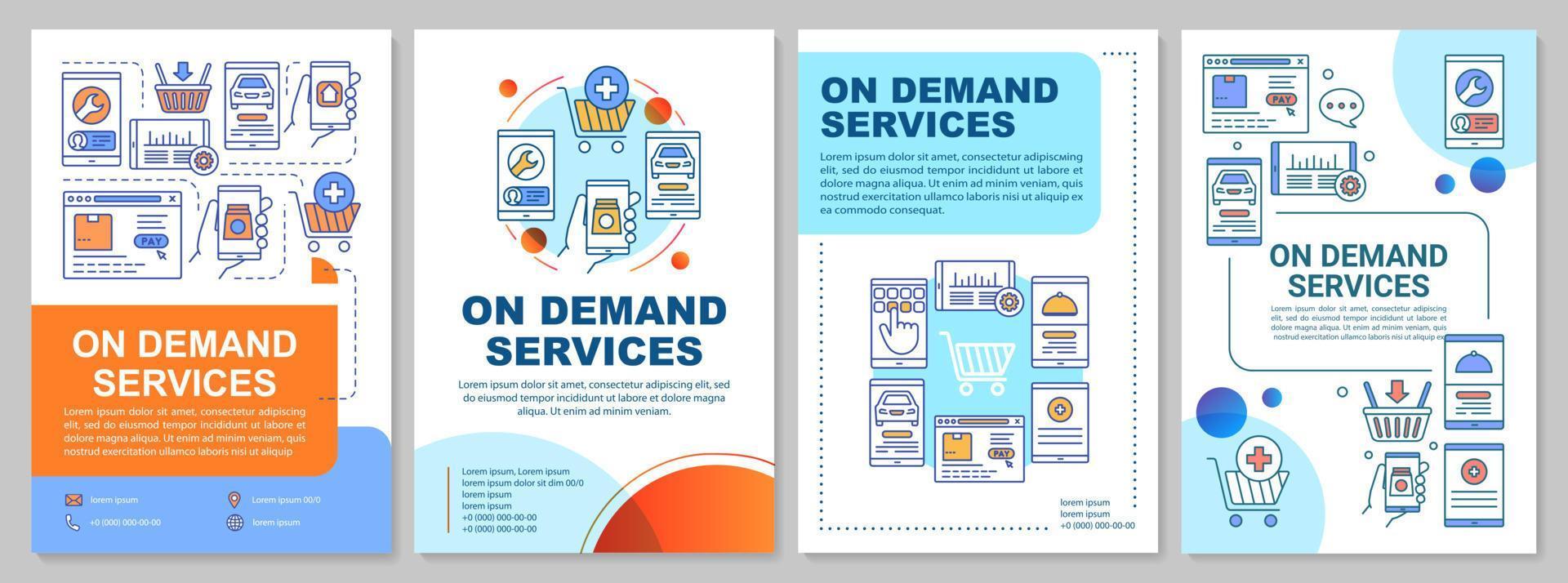 On-Demand-Service-Broschüren-Vorlagenlayout. Konsumflyer, Broschüre, Broschürendruckdesign mit linearen Illustrationen. Vektorseitenlayouts für Zeitschriften, Geschäftsberichte, Werbeplakate vektor