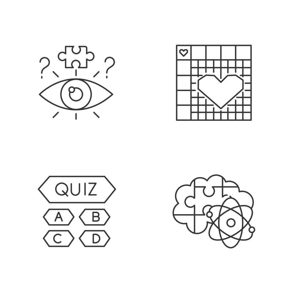 pussel och gåtor linjära ikoner set. trivia frågesport. nonogram. logikspel. problemlösningsprocessen. visuell hjärnteaser. tunn linje kontursymboler. isolerade vektor kontur illustrationer. redigerbar linje