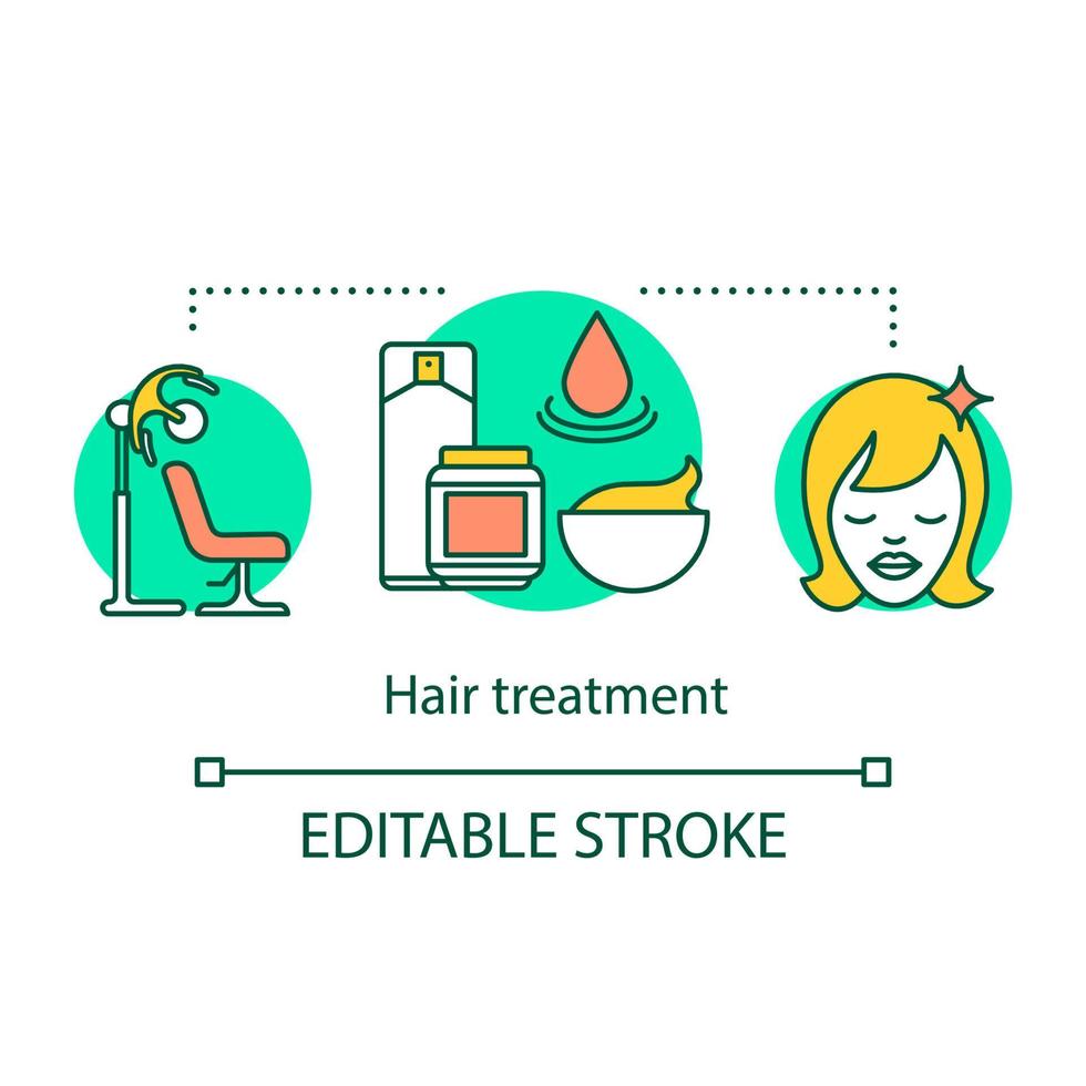 Symbol für das Konzept der Haarbehandlung. Beauty-Service-Idee dünne Linie Illustration. Friseursalon Verfahren. Keratintherapie. Haarlaminierung, Balsame, Masken, Seren. Vektor isolierte Umrisszeichnung. bearbeitbarer Strich