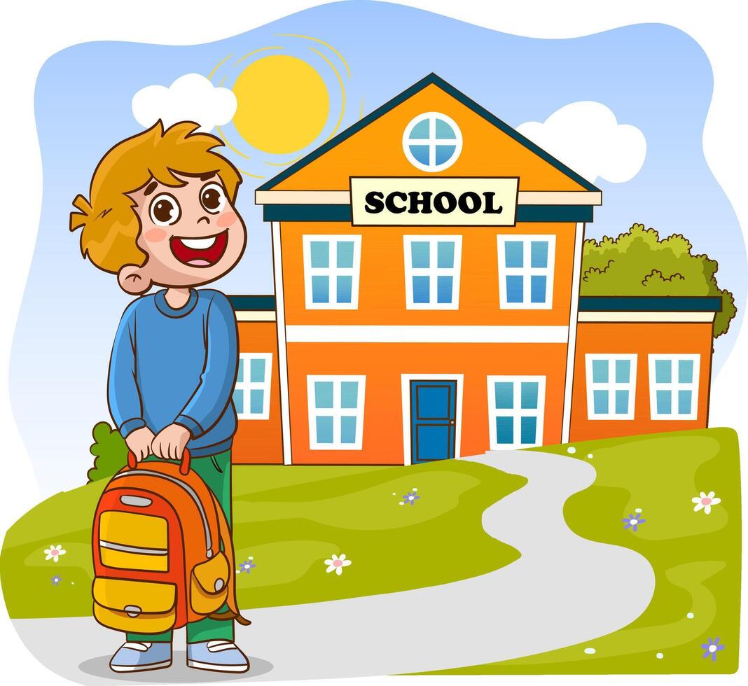 vektor illustration av en pojke och utbildning begrepp med ryggsäck och skola leveranser