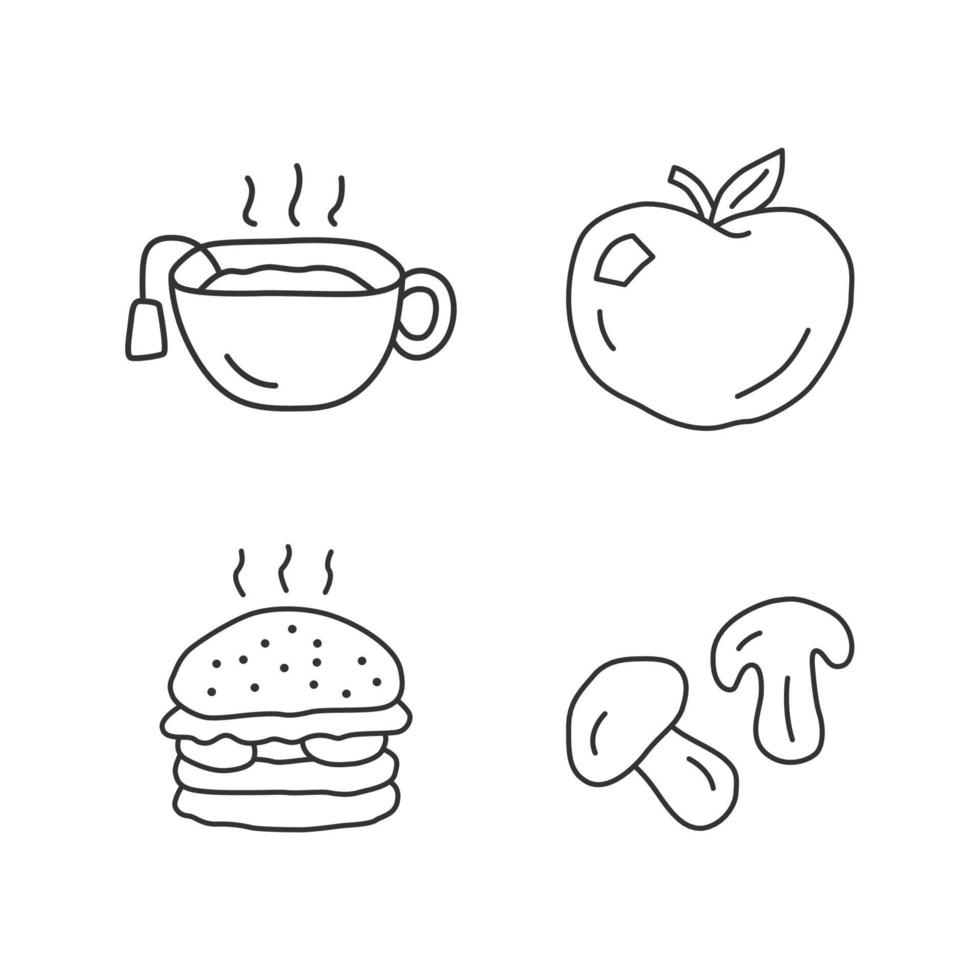 leckeres Mittagessen lineare Symbole gesetzt. leckeres Frühstück, gesunde und schädliche Lebensmittel dünne Linienkontursymbole. heißer Tee, reifer Apfel, Burger und Pilze isolierte Vektorgrafiken. bearbeitbarer Strich vektor