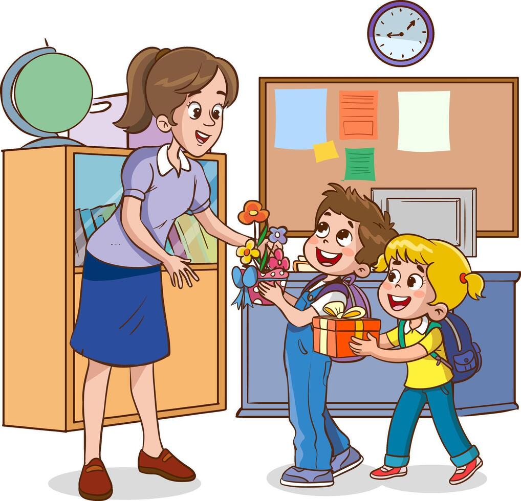 Kinder Schüler geben Strauß von Blumen zu ihr Lehrer, eben einfach Illustration zum glücklich Lehrer Tag. vektor
