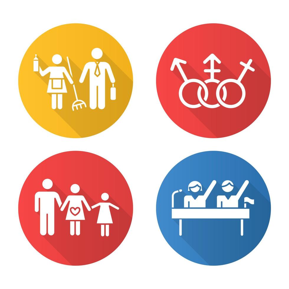 jämställdhet platt design lång skugga glyf ikoner set. politiska rättigheter. transpersoner, hbtq-gemenskap. hona, manlig, trans tecken. könsstereotyper. familjeplanering. vektor siluett illustration