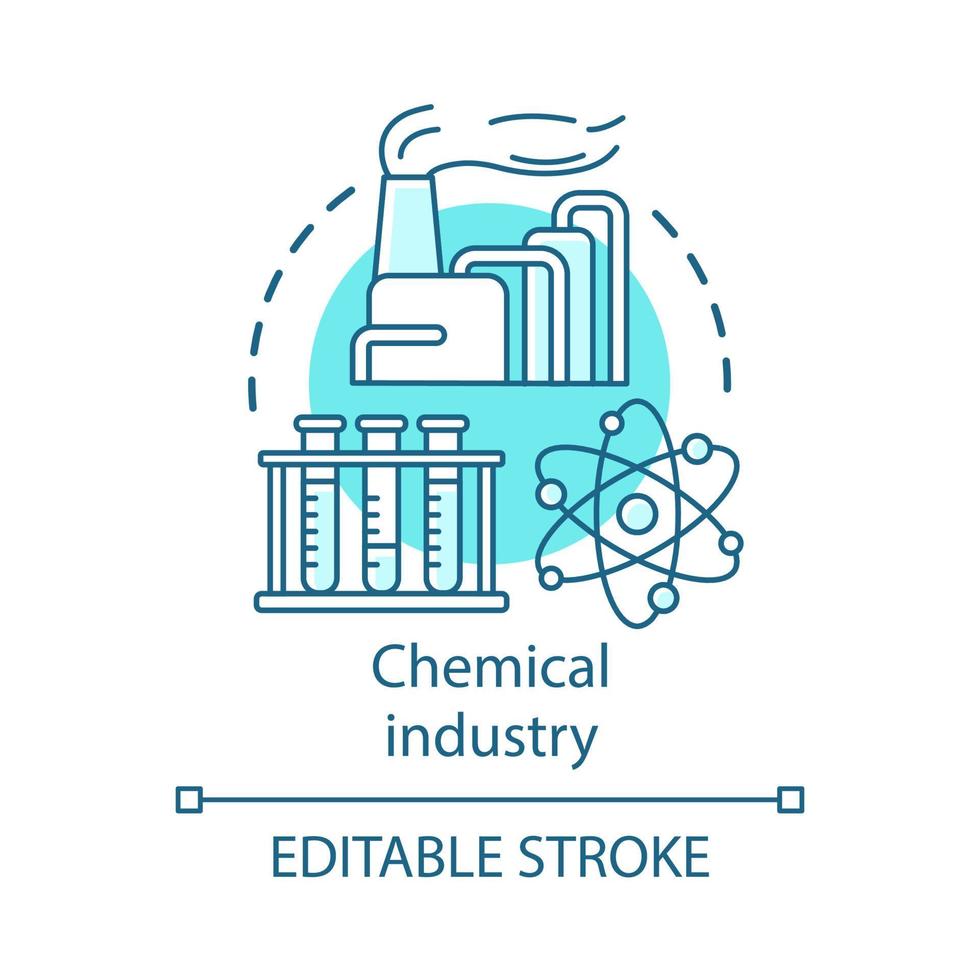 Symbol für das Konzept der chemischen Industrie. Herstellung von Industriechemikalien. Pflanze, Reagenzgläser, Molekül. synthetische Materialproduktionsidee dünne Linie Illustration. Vektor isolierte Umrisszeichnung. bearbeitbarer Strich