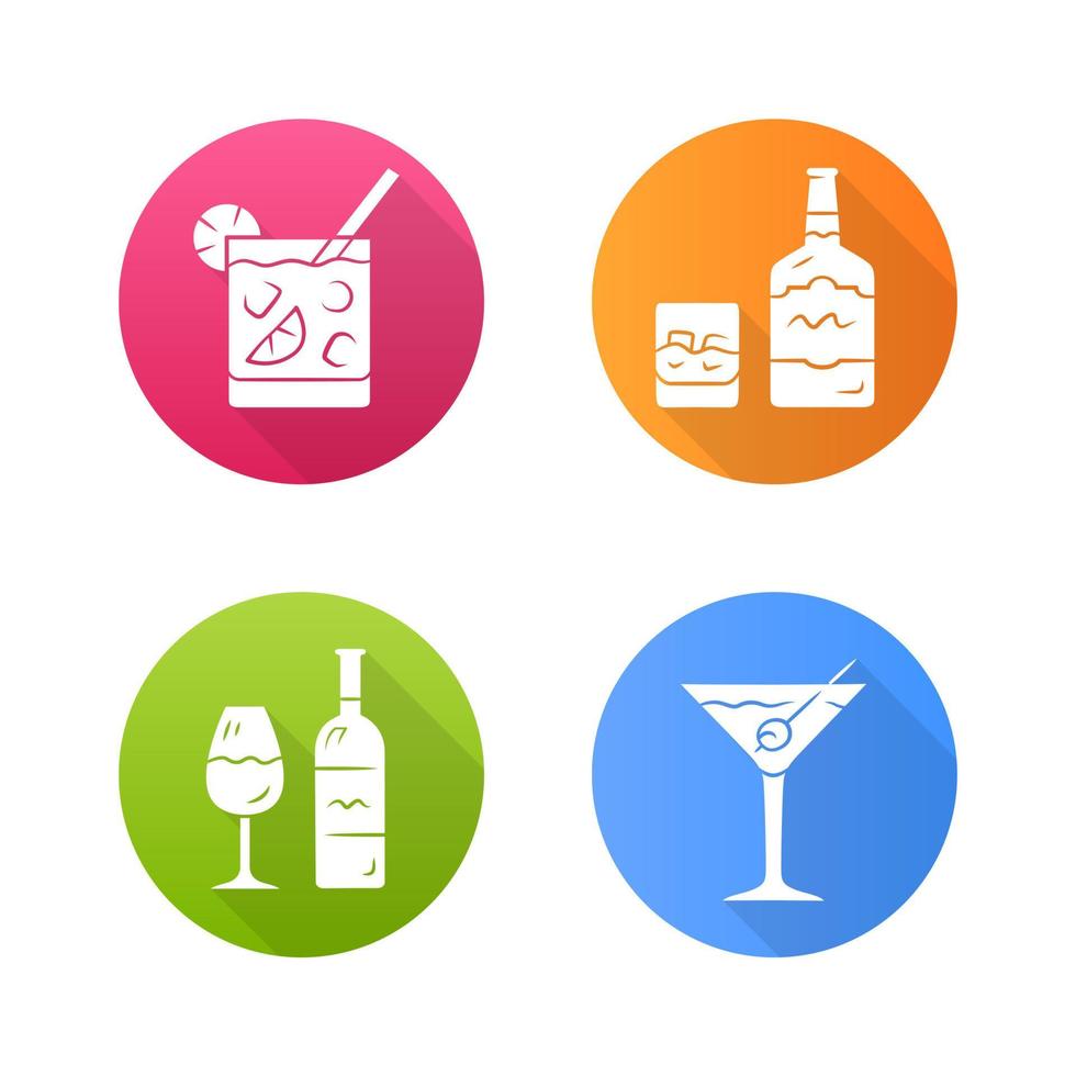 drinkar platt design lång skugga glyph ikoner set. cocktail i lowballglas, whisky, vin, martini. alkoholhaltiga drycker till fest. förfriskningar och blandningar. vektor siluett illustration