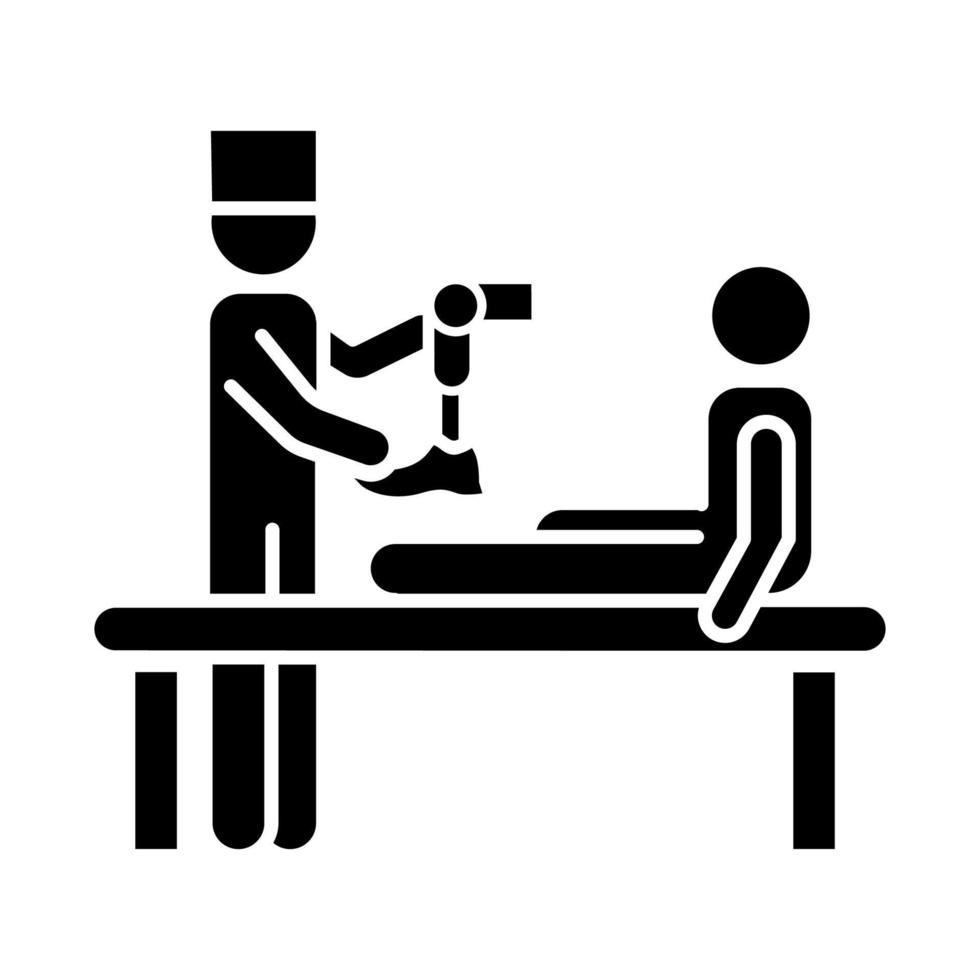 protes glyfikon. medicinskt icke-kirurgiskt ingrepp. läkare, patient. amputerad. mekanisk benprotes. hjälp till veteraner. siluett symbol. negativt utrymme. vektor isolerade illustration