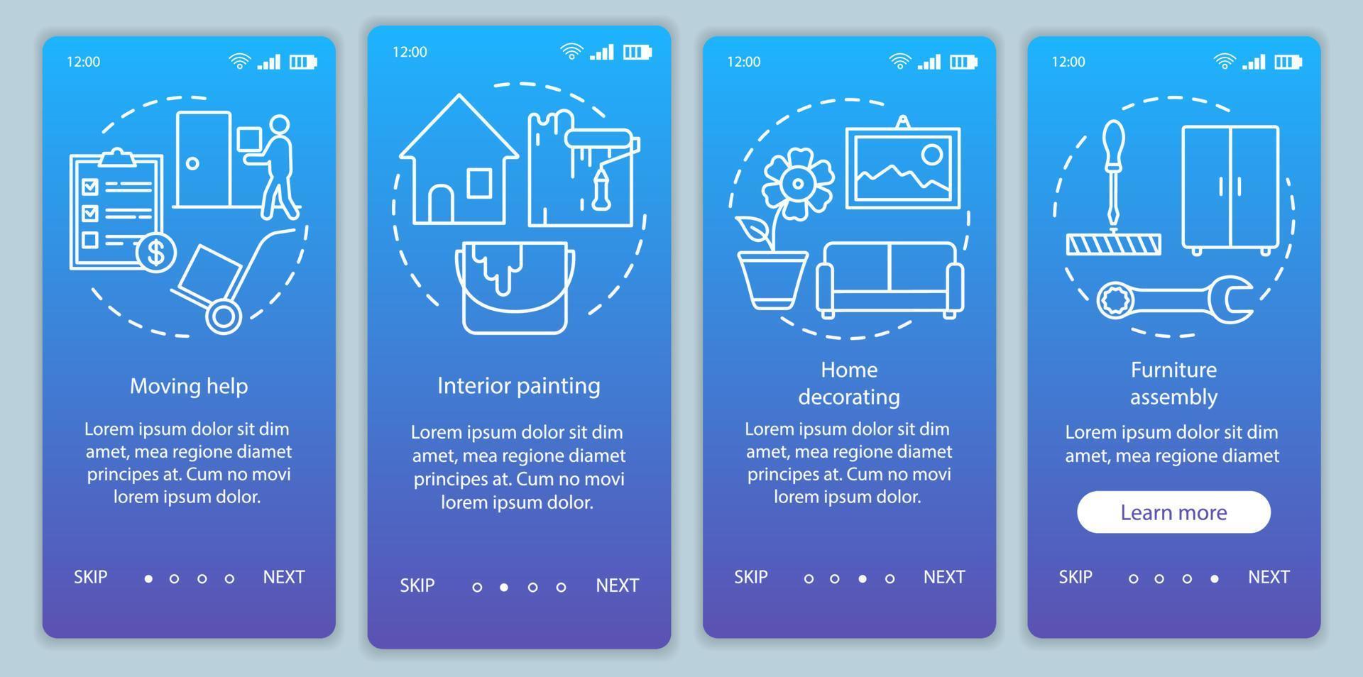 Home Services Onboarding Mobile App Seite Bildschirm Vektorvorlage. Umzugshilfe. Walkthrough-Website-Schritte mit linearen Illustrationen. Innenanstrich. ux, ui, gui Smartphone-Schnittstellenkonzept vektor