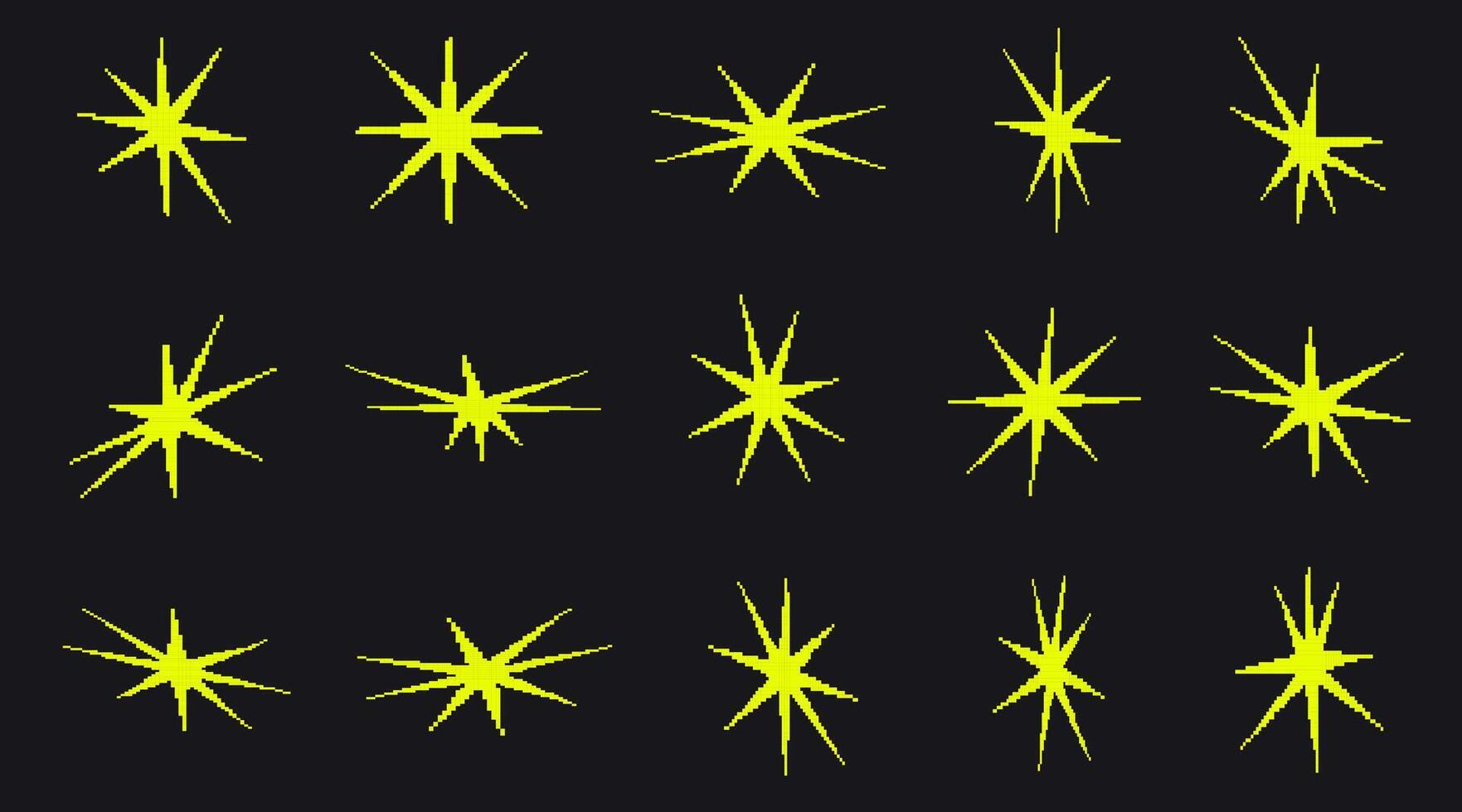 uppsättning av pixel konst stjärna former i trendig retro stil. trendig y2k vektor tecken för banderoller, social media, affisch design. brutalist abstrakt former. retro trogen ikoner i 8 bit stil