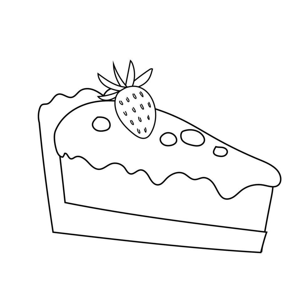 skiva av födelsedag kaka med grädde och bär, klotter svart och vit vektor illustration av en bit av ljuv behandla.