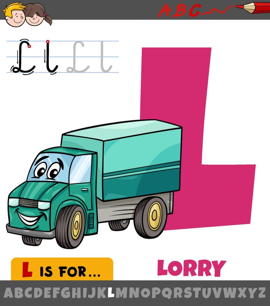 Brief l von Alphabet mit Karikatur LKW Fahrzeug Charakter vektor