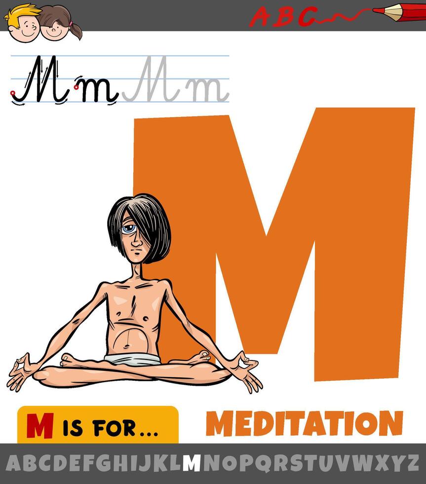 Brief m von Alphabet mit Karikatur Meditation Wort vektor