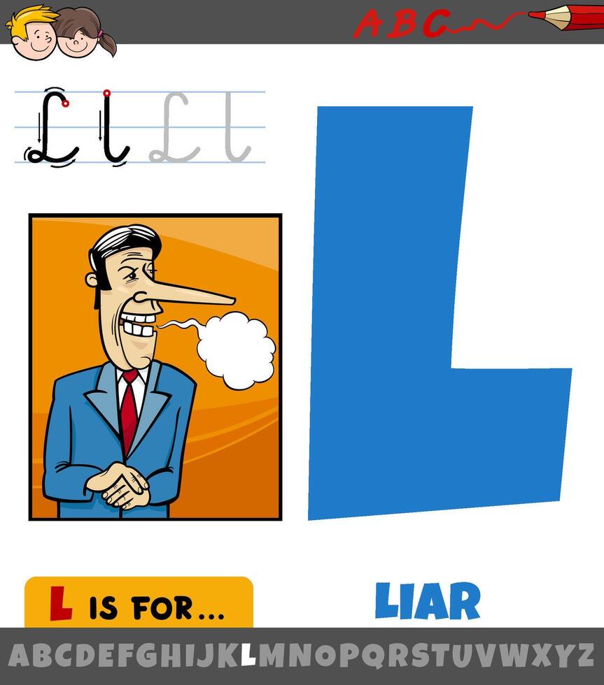 brev l från alfabet med tecknad serie illustration av lögnare ord vektor