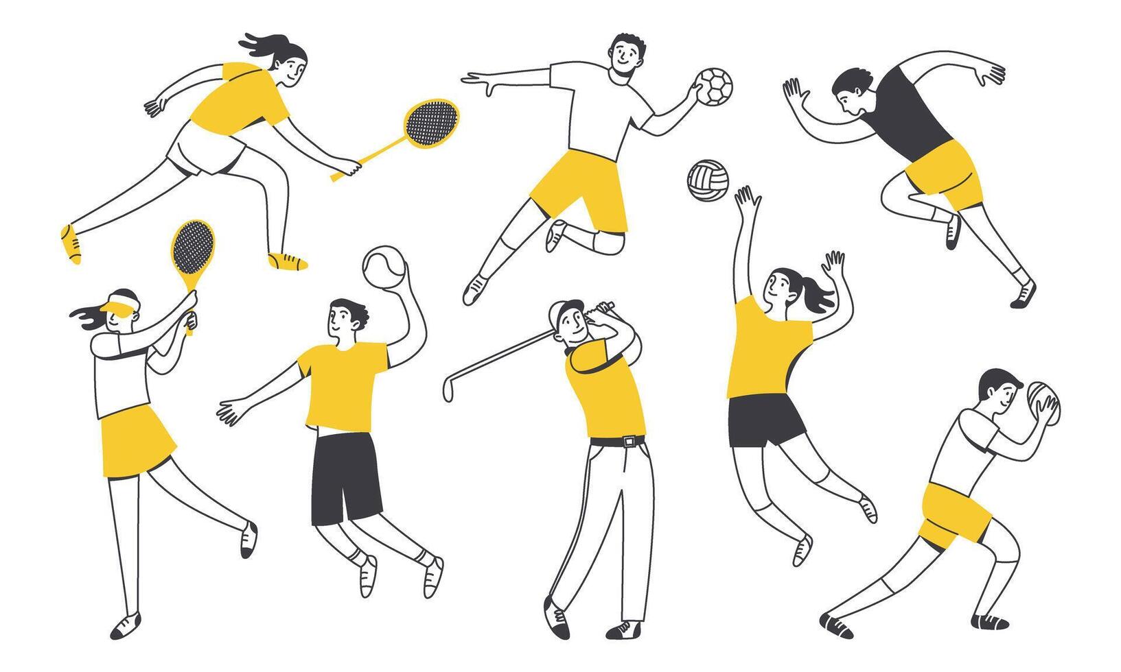 uppsättning av klotter tecken, idrottare. en man och en kvinna är engagerad i aktiva sporter spel. vektor illustration isolerat