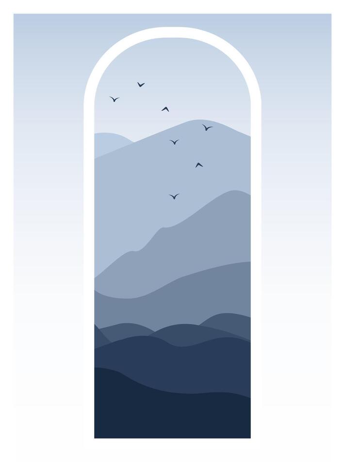 estetisk se blå bergen med flygande fåglar landskap affisch. japansk minimalistisk illustration vektor