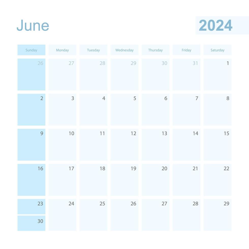 2024 juni vägg planerare i blå Färg, vecka börjar på söndag. vektor