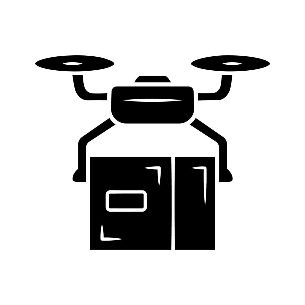 leverans drönare glyfikon. quadcopter som transporterar paket. uav med kartong. autonom drönareleverans. obemannat luftfartyg och paket. siluett symbol. vektor isolerade illustration