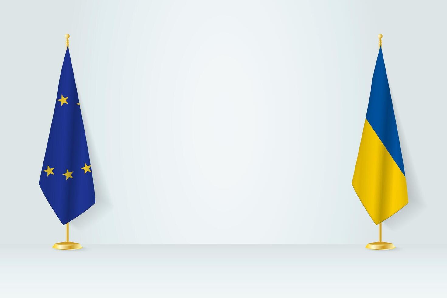 europäisch Union und Ukraine Flagge auf Innen- Fahnenstange, Treffen Konzept zwischen Ukraine und europäisch Union. vektor