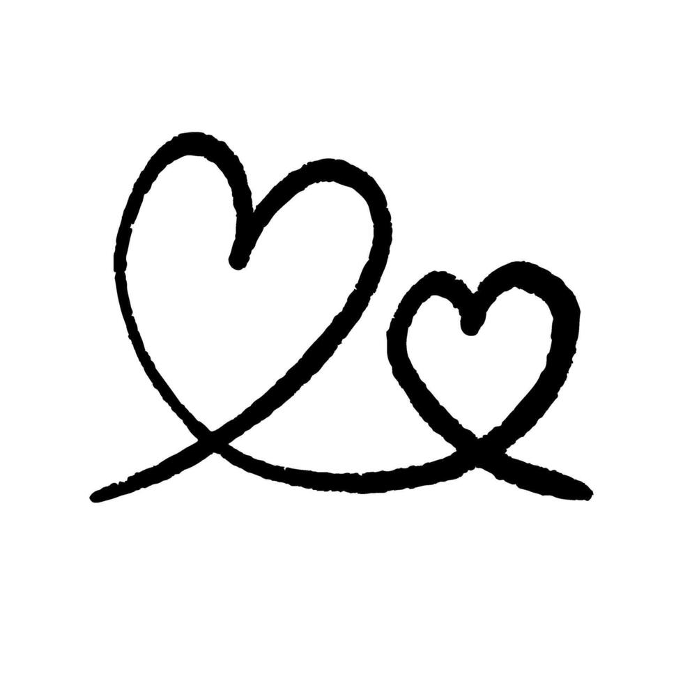 hand dragen dubbel- hjärta. hjärta ikon för kort, skriva ut, bakgrund eller några design. klotter hjärta med textur linje. vektor