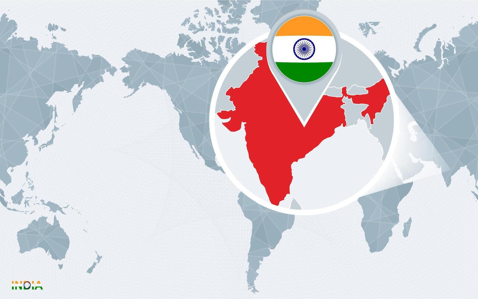 värld Karta centrerad på Amerika med förstorade Indien. vektor