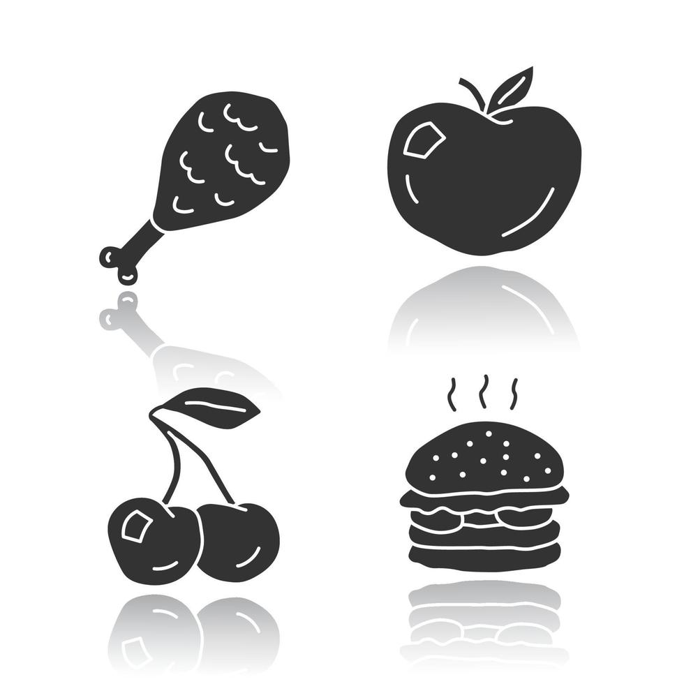 Gesunde und schädliche Ernährung glänzende Symbole gesetzt. Junk-Food und Bio-Snacks Silhouette Symbole. Hühnerbein, reifer Apfel, Kirsche und Burger Vektor isolierte Illustration. natürliche und ungesunde Ernährung