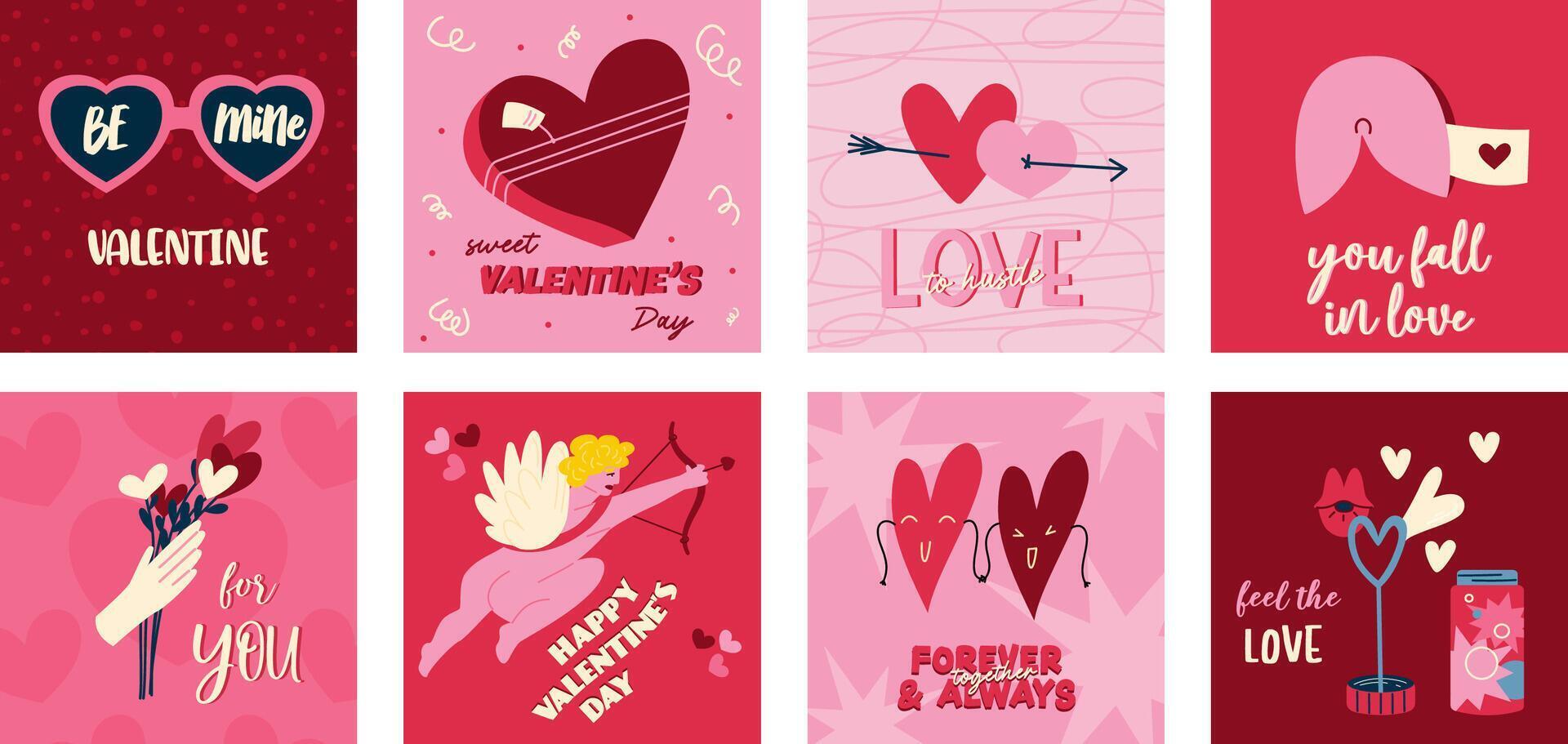 einstellen von Valentinstag Tag Gruß Karten mit Gruß Beschriftung und romantisch Elemente. glücklich Valentinstag Tag. vektor