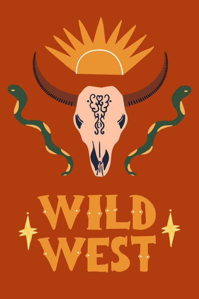 wild Westen Poster mit Kuh Schädel und Inschrift. Vektor Illustration auf das Thema von ein Western.
