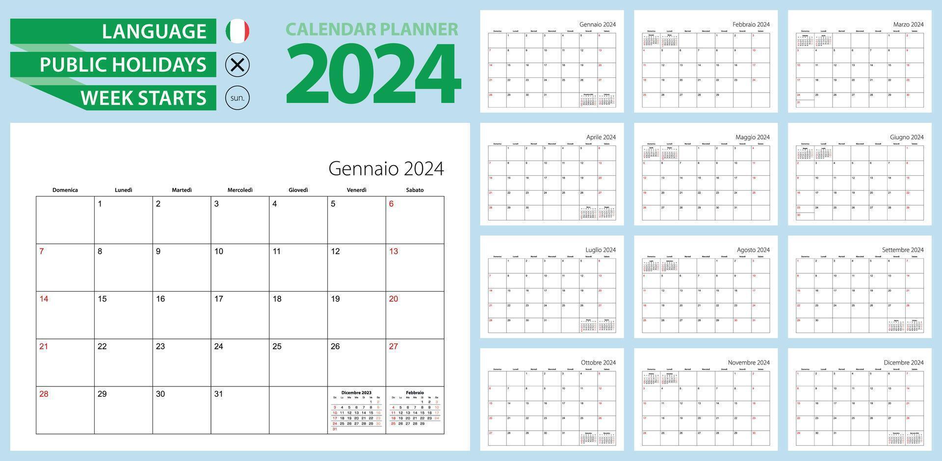 Italienisch Kalender Planer zum 2024. Italienisch Sprache, Woche beginnt von Sonntag. vektor