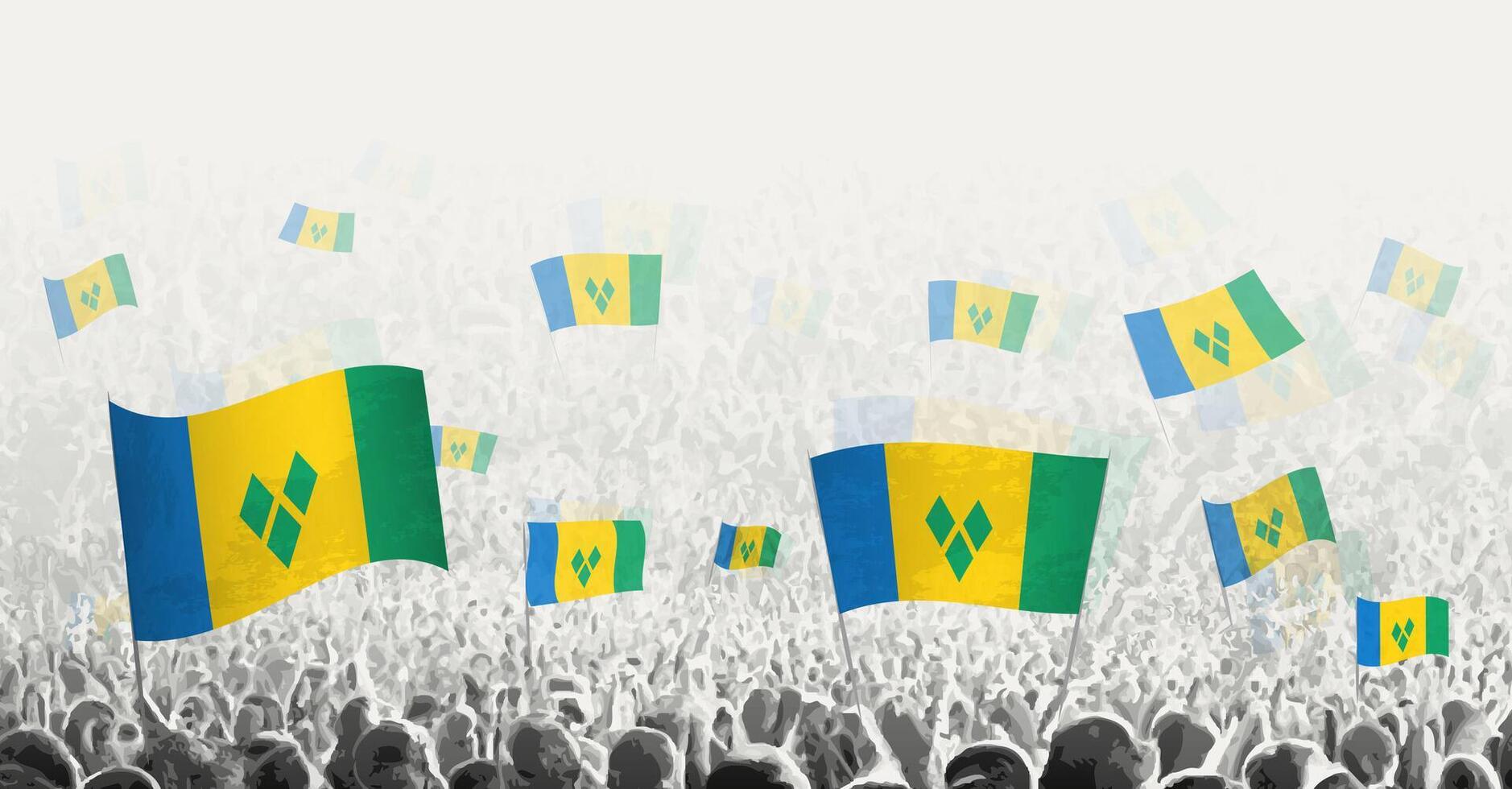abstrakt Menge mit Flagge von Heilige Vincent und das Grenadinen. Völker Protest, Revolution, Streik und Demonstration mit Flagge von Heilige Vincent und das Grenadinen. vektor