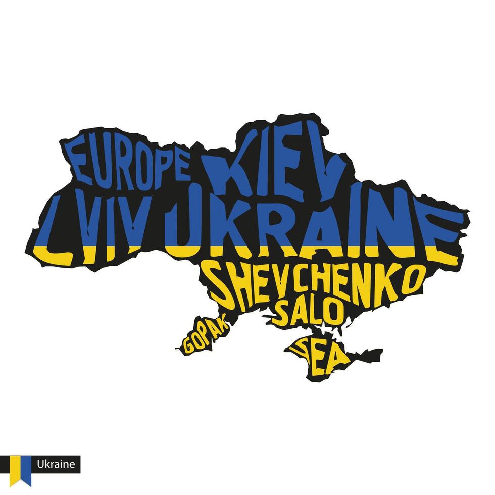 Typografie Karte Silhouette von Ukraine im schwarz und Flagge Farben. vektor