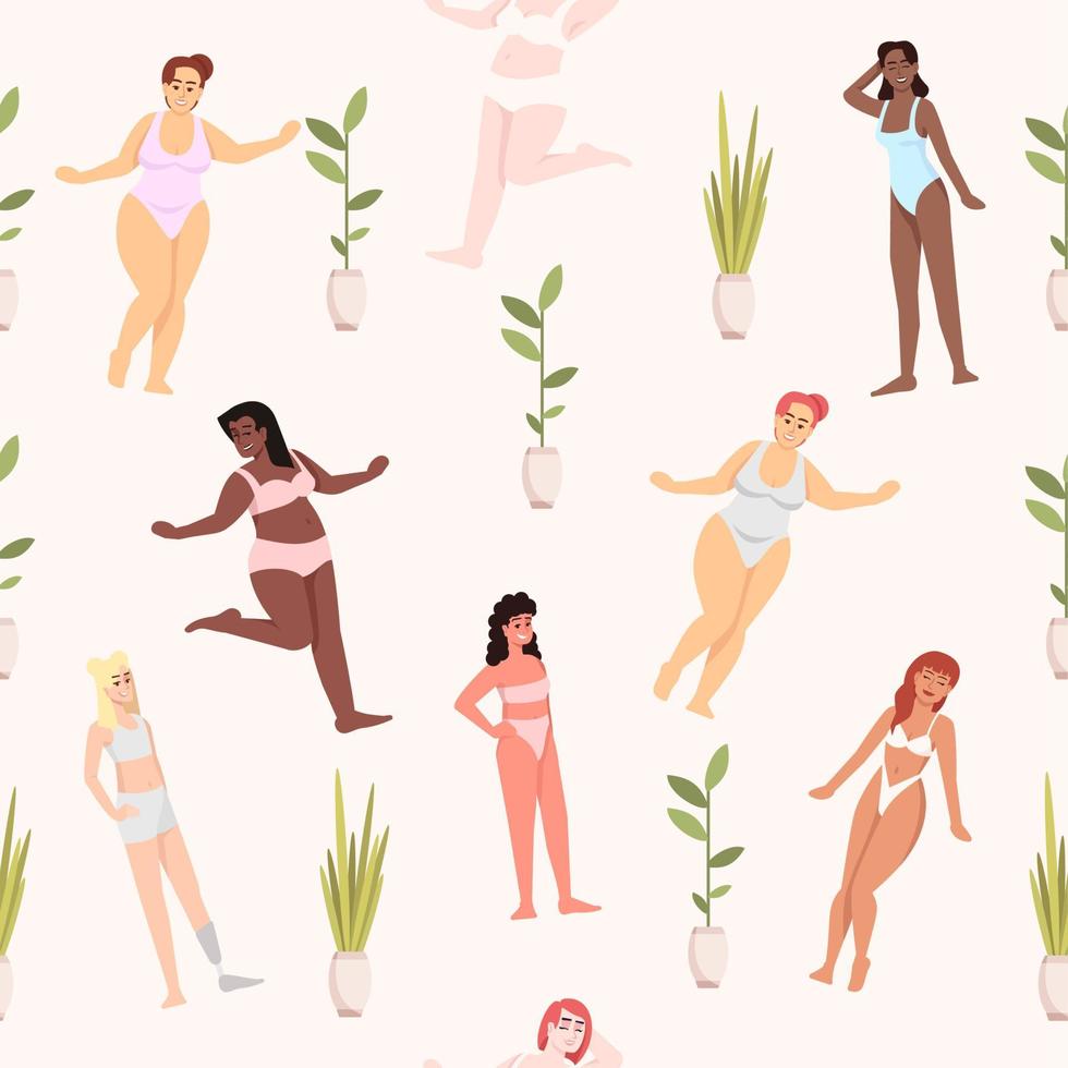 Körper positive flache Vektor nahtlose Muster. weißer Hintergrund mit multikulturellen Frauen in Badebekleidungstextur. Feminismus. Plus-Size-Modelle. lächelnde Mädchen. Geschenkpapier, Tapetendesign mit Charakteren