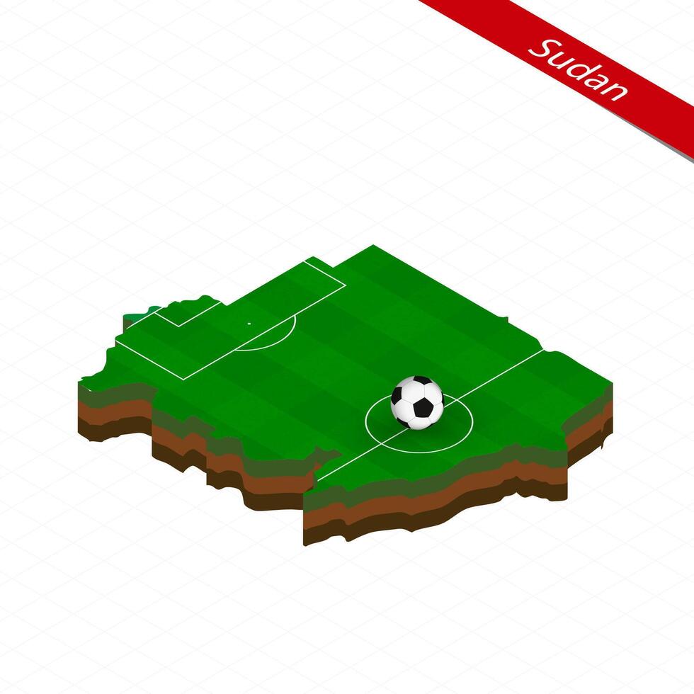 isometrisk Karta av sudan med fotboll fält. fotboll boll i Centrum av fotboll tonhöjd. vektor