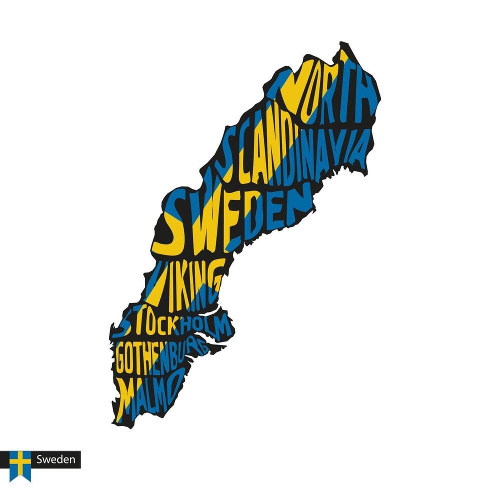 Typografie Karte Silhouette von Schweden im schwarz und Flagge Farben. vektor