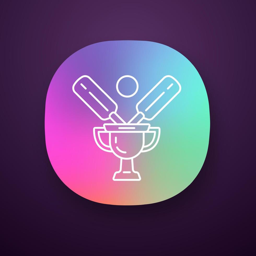 cricket mästerskap app ikon. sporttävling. turneringens vinnarpokal. mästarcup, slagträ, boll. totalt spelresultat. webb- eller mobilapplikation. vektor isolerade illustration