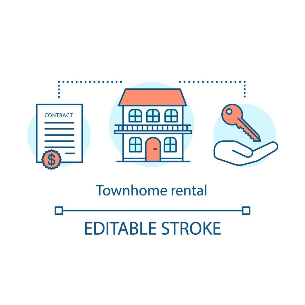 stadshus hyra koncept ikon. fastighetsaffärer. nyckelöverlämnande. bostadshyra. kontrakt, hus, nyckel till hands. familj hus hyra idé tunn linje illustration. vektor isolerade konturritning. redigerbar linje