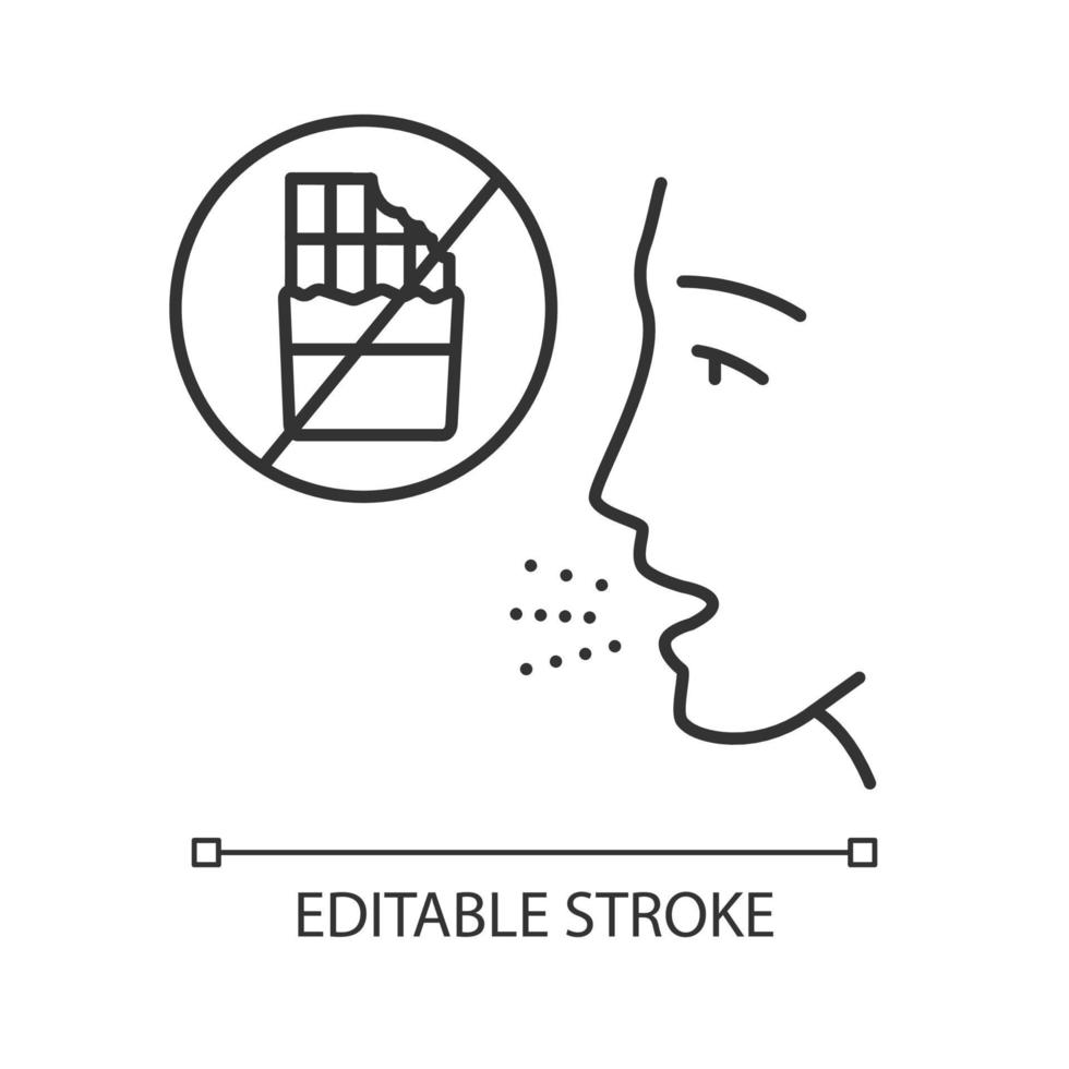 Lineares Symbol für Lebensmittelallergie. Schokoladenallergene. Verbot des Verzehrs von Süßigkeiten. Diabetes-Diät. allergische Erkrankung. dünne Linie Abbildung. Kontursymbol. Vektor isolierte Umrisszeichnung. bearbeitbarer Strich