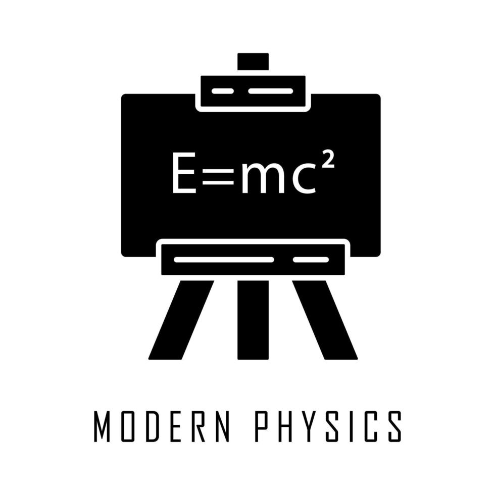 modern fysik glyfikon. relativitetsteori och kvantmekanik. uppdaterad fysik och lärande. einstein formel på whiteboard. siluett symbol. negativt utrymme. vektor isolerade illustration