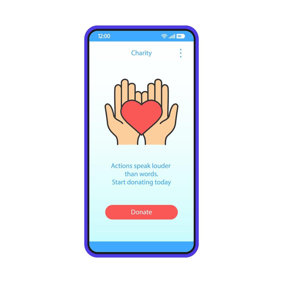 Charity-App-Smartphone-Schnittstellenvektorvorlage. online spenden. Mobile Fundraising-Anwendung Seite blaues Design-Layout. ehrenamtliches Engagement, Sponsoring. flache ui. Telefondisplay mit Händen halten Herz vektor