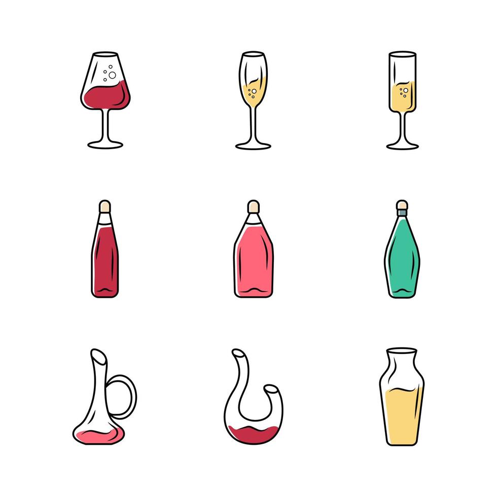 vingård glasvaror ikoner set. olika typer av vin. karaffer, flaskor, glas. aperitifdrycker, cocktails, alkoholdrycker. fest, bar, restaurang servis. isolerade vektorillustrationer vektor