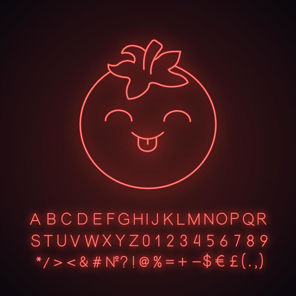 Tomate süßer kawaii Neonlichtcharakter. Gemüse mit lächelndem Gesicht. fröhliches Essen. lustiges Emoji, Emoticon, Lächeln. leuchtendes Symbol mit Alphabet, Zahlen, Symbolen. isolierte Vektorgrafik vektor