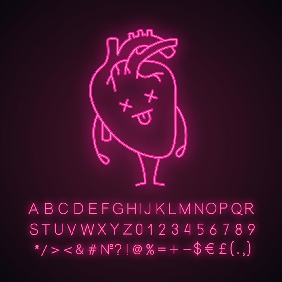 totes menschliches Herz Emoji-Neonlicht-Symbol. Erkrankungen des Herz-Kreislauf-Systems. ungesundes inneres Organ. leuchtendes Schild mit Alphabet, Zahlen und Symbolen. isolierte Vektorgrafik vektor